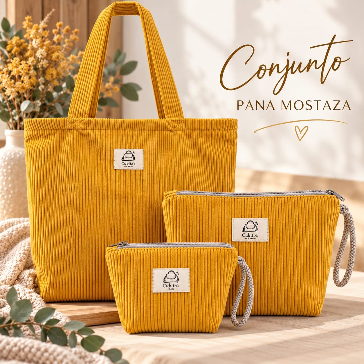 Conjunto Pana Mostaza: bolsa grande y neceseres de pana color mostaza de Cukito's Bag