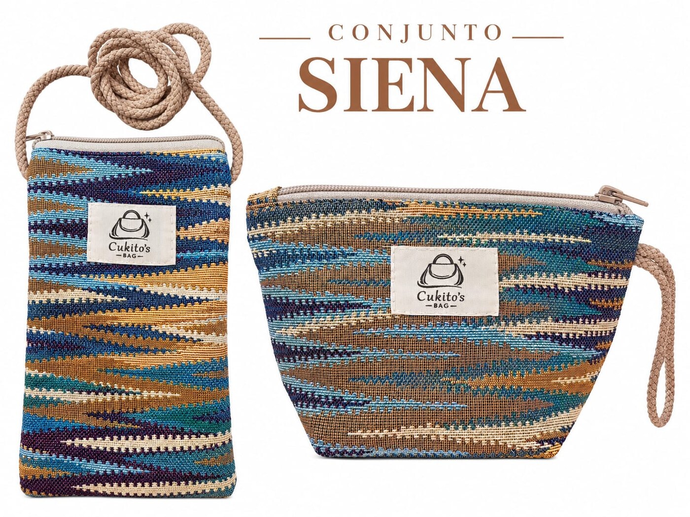 Conjunto Siena: porta móvil y neceser de Cukito's Bag con estampado ikat