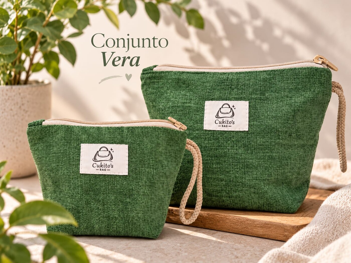 Conjunto Vera: neceseres de Cukito's Bag en tejido verde